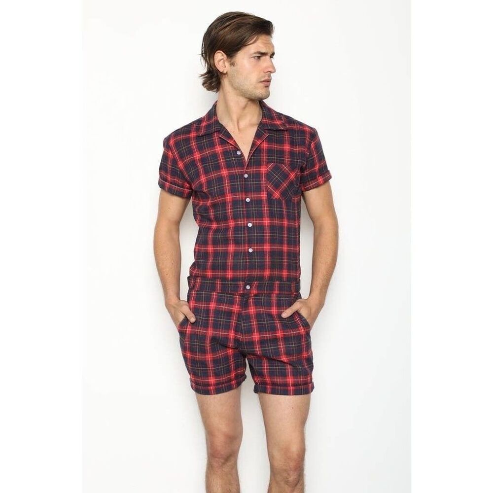 Men's Red Plaid Short Sleeve Romper